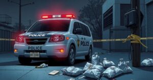 A police vehicle parked outside a building, surrounded by evidence bags and police tape, illustrating a crime scene investigation.