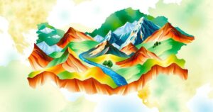 Colorful diplomatic map showcasing Turkiye, Iran, Azerbaijan, Tajikistan with natural landscapes and watercolor style.