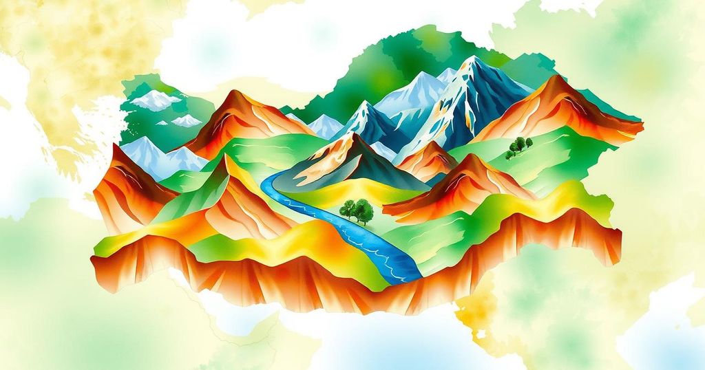 Colorful diplomatic map showcasing Turkiye, Iran, Azerbaijan, Tajikistan with natural landscapes and watercolor style.