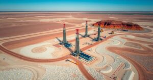 Aerial view of arid landscape with drilling rigs, rocky terrain, and clear skies in Namibia, showcasing uranium exploration.