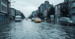 A flooded urban area, showing submerged vehicles and overcast skies, depicting the aftermath of heavy rain in a city.