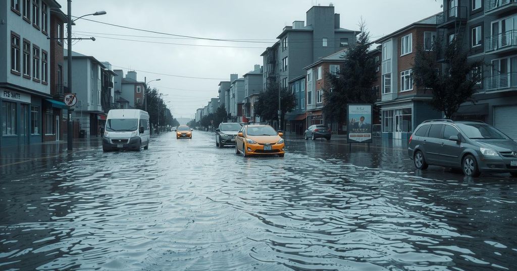 A flooded urban area, showing submerged vehicles and overcast skies, depicting the aftermath of heavy rain in a city.