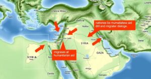 Map of the Middle East highlighting Syria and Gaza with arrows indicating discussions between countries.