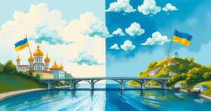 A divided landscape features elements of Russia and Ukraine, with two distinct flags, a bridge symbolizing peace, and clouds above.