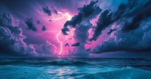 Vibrant tropical landscape showing a powerful ocean with swirling storm clouds and bright lightning in an atmospheric style.
