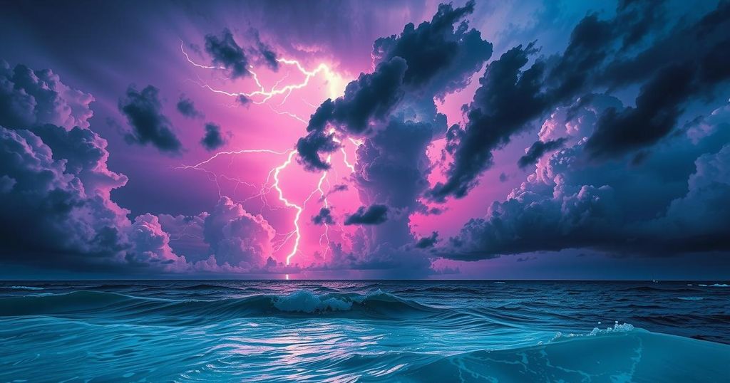 Vibrant tropical landscape showing a powerful ocean with swirling storm clouds and bright lightning in an atmospheric style.