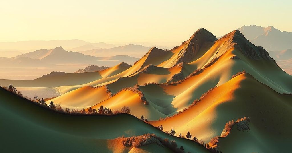 An abstract landscape of Turkey, showcasing mountains, seismic activity, and safety preparedness elements.