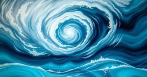 A swirling hurricane over a vibrant ocean, showcasing shades of deep blue and white, in a dynamic artistic style.