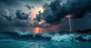 Tropical wave bringing rain and storms to Cuba with dramatic dark clouds and vibrant lightning strikes in the sky.