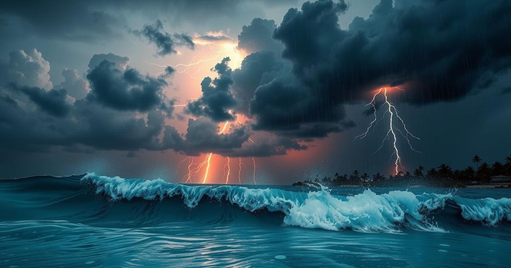 Tropical wave bringing rain and storms to Cuba with dramatic dark clouds and vibrant lightning strikes in the sky.