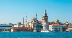 A serene view of Istanbul's iconic skyline during daylight, featuring architectural beauty and vibrant colors.