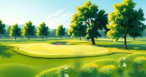 A serene golf course scene showcasing lush greens and clear skies, capturing the essence of a day on the links in summer.