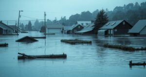 Flooded landscape with submerged buildings and debris in a North-Central town, depicting aftermath of heavy rainfall.