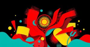 Kyrgyzstan flag colors forming a vibrant scene at a film festival, celebrating cinema and cultural diversity.