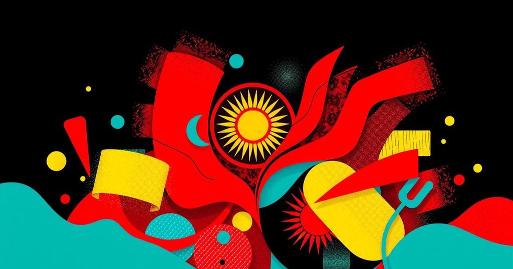 Kyrgyzstan flag colors forming a vibrant scene at a film festival, celebrating cinema and cultural diversity.