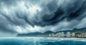 A stormy sky over a coastal city with dark clouds and hail falling, creating a dramatic weather scene.