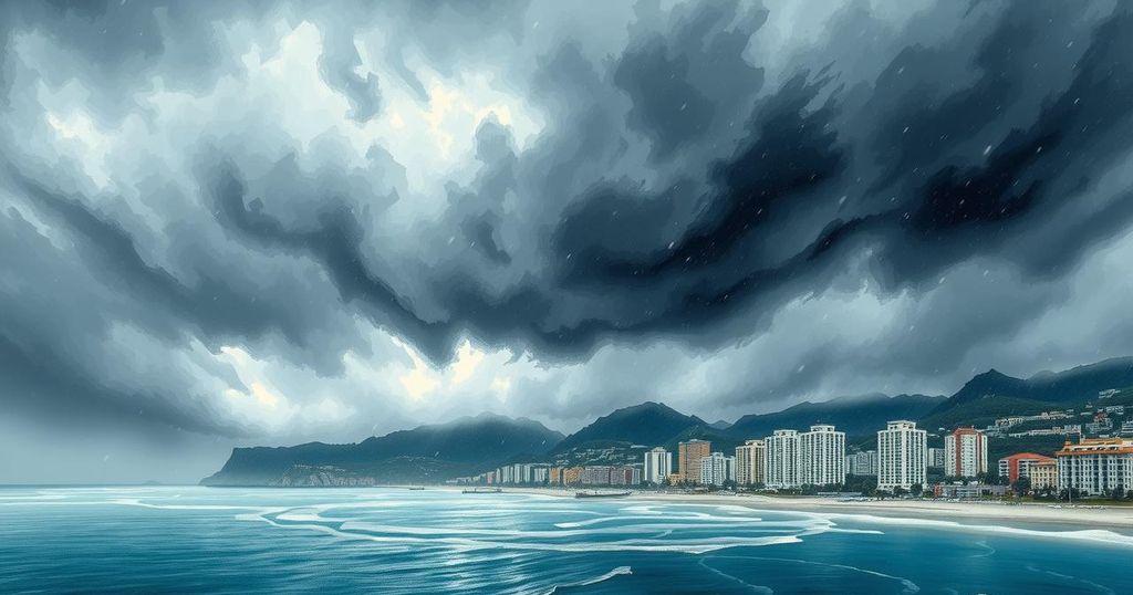 A stormy sky over a coastal city with dark clouds and hail falling, creating a dramatic weather scene.