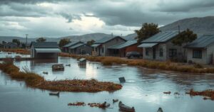 Rural landscape in South Africa affected by floods, showcasing submerged homes and debris under gray skies.