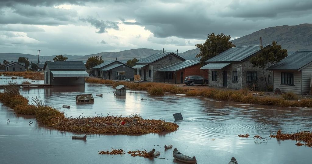 Rural landscape in South Africa affected by floods, showcasing submerged homes and debris under gray skies.