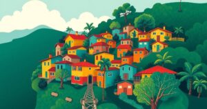 A vibrant favela scene in Brazil showcasing colorful houses and greenery.