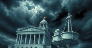 A conceptual representation of democracy being challenged, with dark clouds over a government building and broken scales of justice.