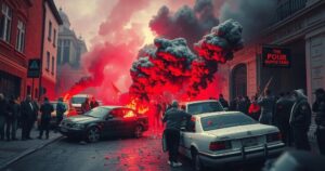 Protest scene in Nairobi with overturned vehicles and a tense atmosphere among smoke and flames.