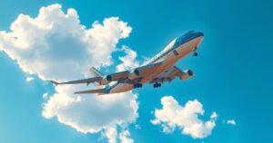 Air Force One soaring through clouds, under a bright blue sky, representing triumph and political victory.