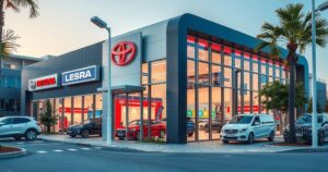 Modern car dealership exterior in Lekki, showcasing sleek architecture and vibrant signage, representing automotive innovation.