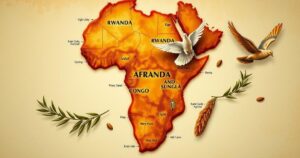 A map showcasing Africa, highlighting Rwanda and Congo with olive branches symbolizing peace.