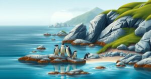 A serene landscape of African penguin breeding sites with no-fishing zones, showcasing nature conservation in action.