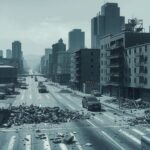 Cali cityscape featuring damaged buildings and debris, evoking the impact of violence in subdued tones.
