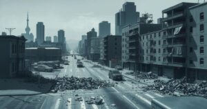 Cali cityscape featuring damaged buildings and debris, evoking the impact of violence in subdued tones.