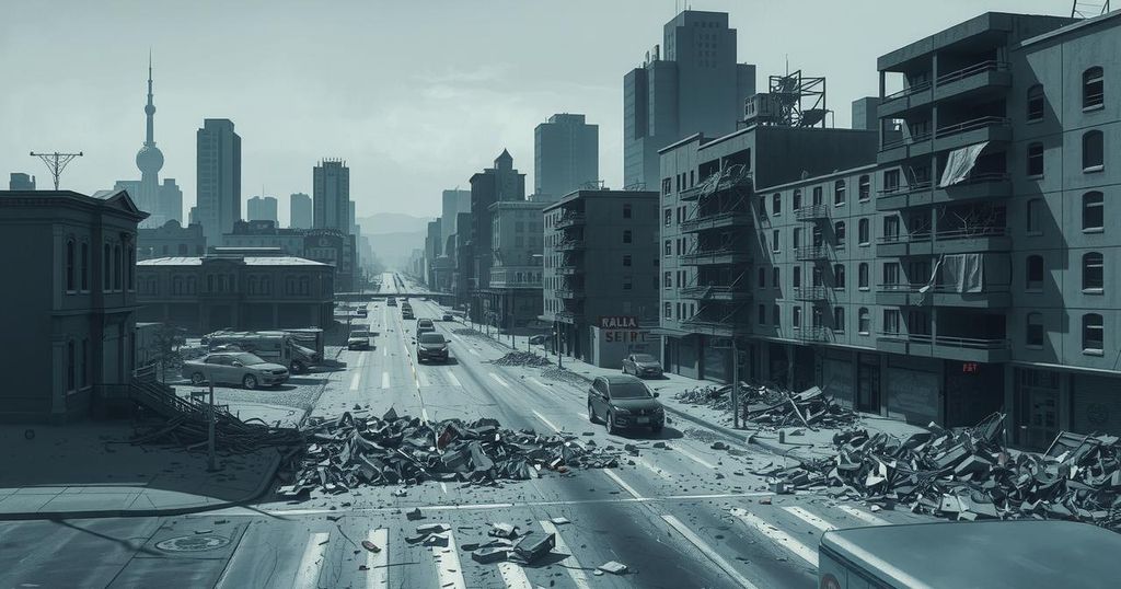 Cali cityscape featuring damaged buildings and debris, evoking the impact of violence in subdued tones.