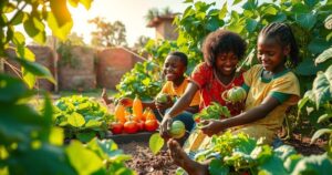 Dramatic urban landscape transformed into a vibrant scene of community garden in Kenya, showcasing hope and resilience.