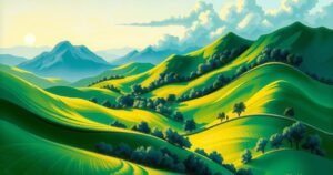 An illustration of a serene landscape symbolizing political change and elections in Samoa, with a vibrant color palette.