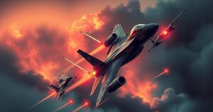 Dramatic military aircraft soaring over abstract smokey cityscape with bold color contrasts.