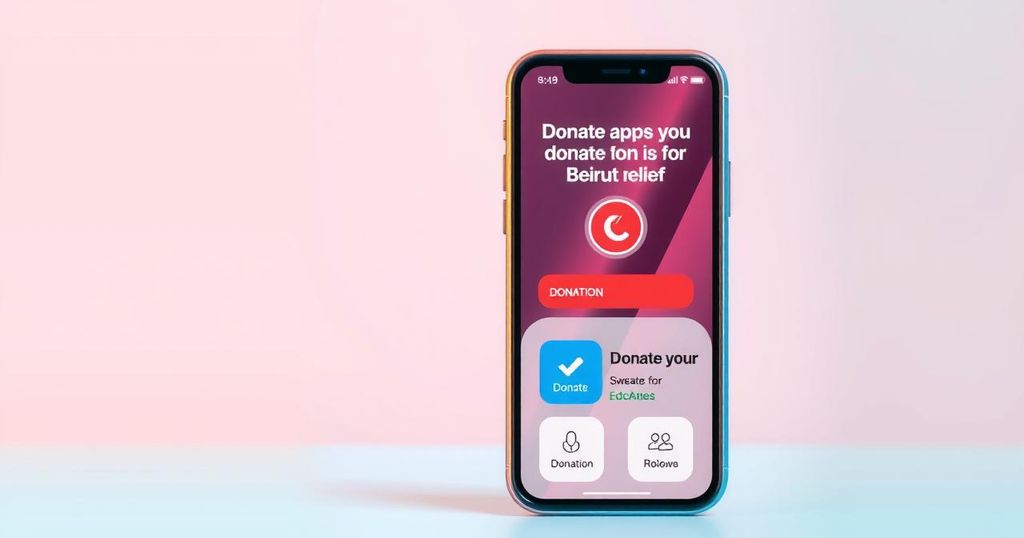 Illustration of a smartphone displaying a donation app for Beirut relief efforts, in soft pastels.
