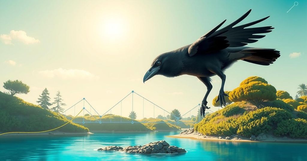 A digital landscape illustrating climate impact on a crow's habitat with green and coastal areas, featuring scientific symbols.