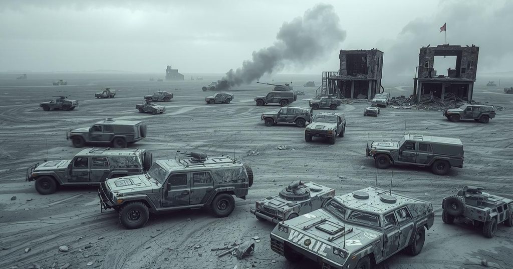 Landscape of a war-torn region showing military vehicles and damaged structures under a gray sky.