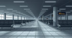 An empty airport terminal symbolizing travel restrictions, featuring a muted color palette with gray and dim lighting.
