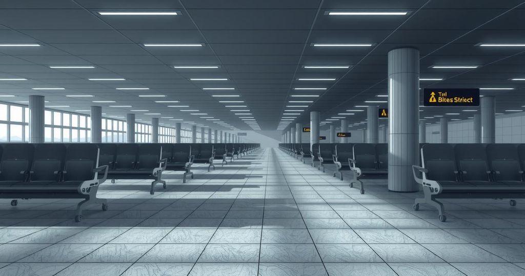 An empty airport terminal symbolizing travel restrictions, featuring a muted color palette with gray and dim lighting.