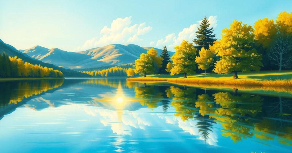A serene landscape depicting a sunlit lake surrounded by lush trees under a clear blue sky, in warm colors.
