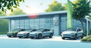 A vibrant electric vehicle dealership exterior featuring modern cars and greenery against a sunny backdrop.