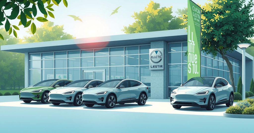 A vibrant electric vehicle dealership exterior featuring modern cars and greenery against a sunny backdrop.