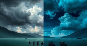 Tension between Turkey and Israel represented by a divided landscape with stormy skies and symbols of conflict.
