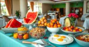 A colorful buffet spread showcasing a variety of healthy breakfast options including fruits, grains, and local dishes.