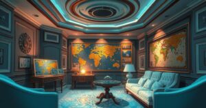A conceptual artwork depicting a warrior in an air-conditioned room, surrounded by symbolic elements of conflict and politics.