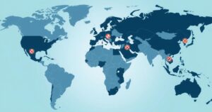 A world map with highlighted countries, depicting travel ban restrictions in dark colors and blocked symbols.