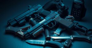 Police arrest scene with weapons and equipment used in kidnapping attempt, showcasing law enforcement action.