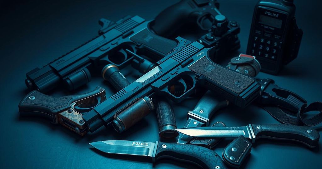 Police arrest scene with weapons and equipment used in kidnapping attempt, showcasing law enforcement action.